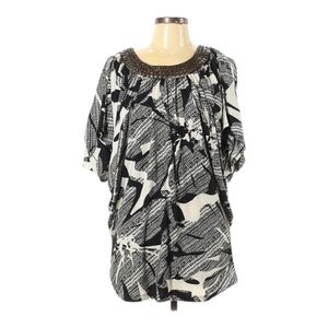 JohnPaulRichard Short Sleeve Tunic Top Size L Black Ivory Embellished Round Neck